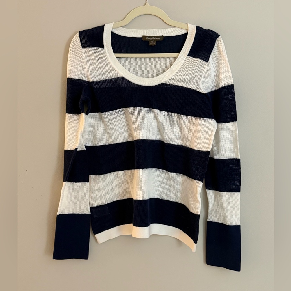 Tommy Bahama Women’s 100% Cotton Navy White Striped Mesh Top Size Large